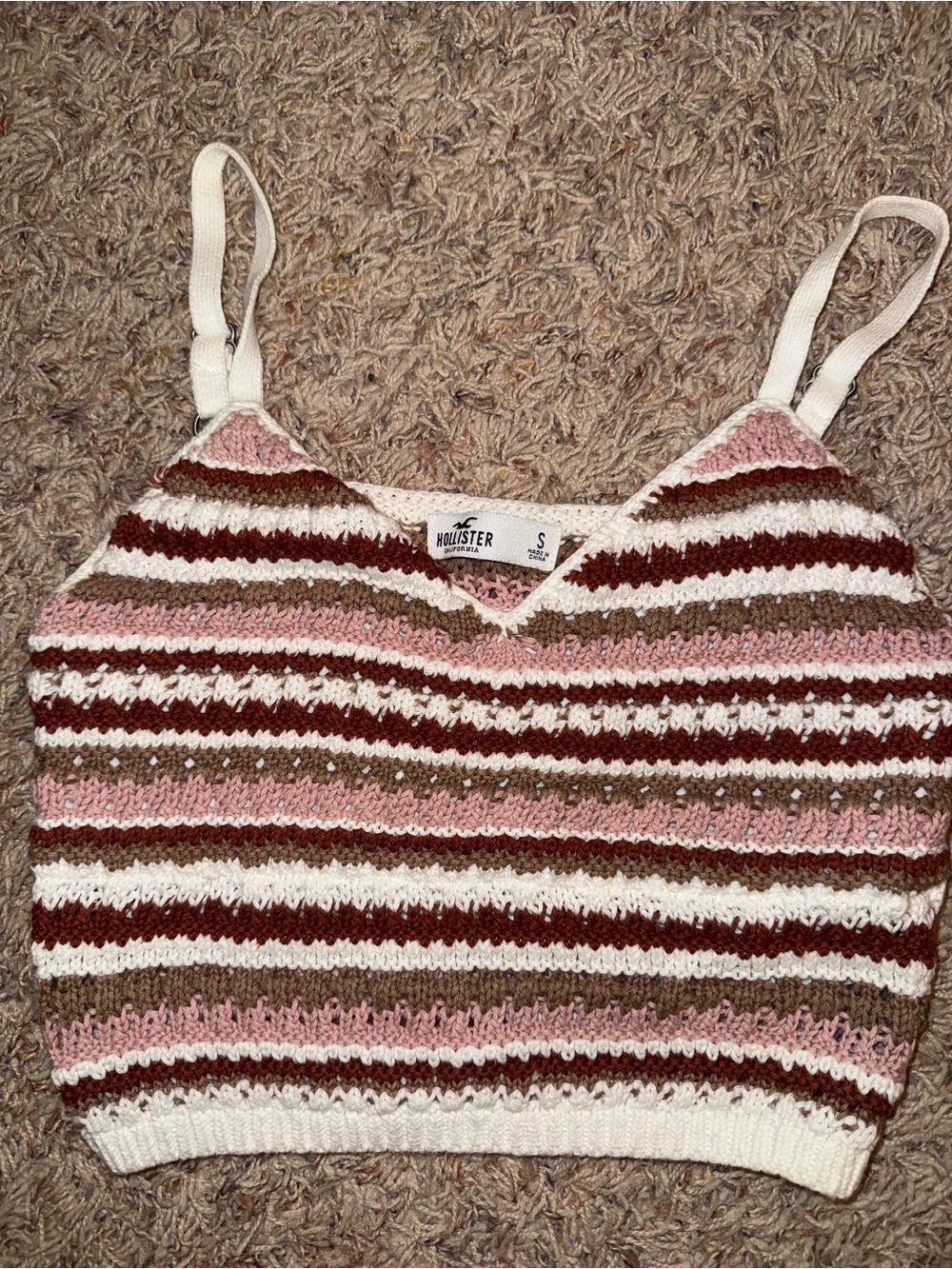 Hollister Striped Knit Cropped Cami in Pink, Brown & White
